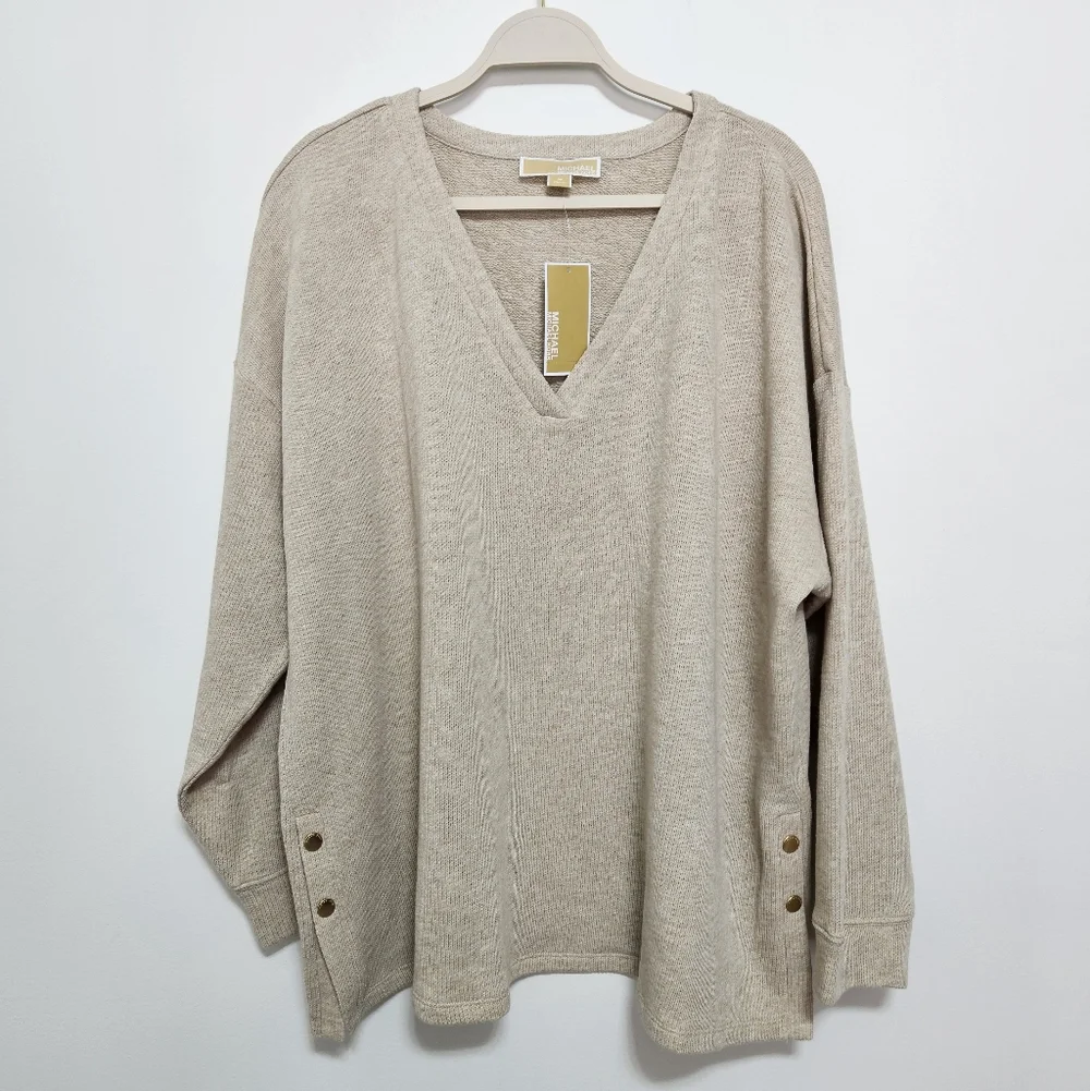 Michael Kors NWT Womens V-Neck ‎ Sweater Jumper Cotton MSRP $110 Cozy Beige 1X